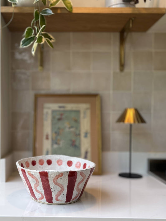 Arodene Serving Bowl in Squiggle & Stripe, Red and Coral